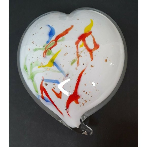 HEART Glass Paperweight Love White Clear Colorful Confetti Abstract Gold - Picture 1 of 7